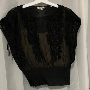 Max Studio London  Black Sheer Floral-Appliqué Peasant Top with under shirt